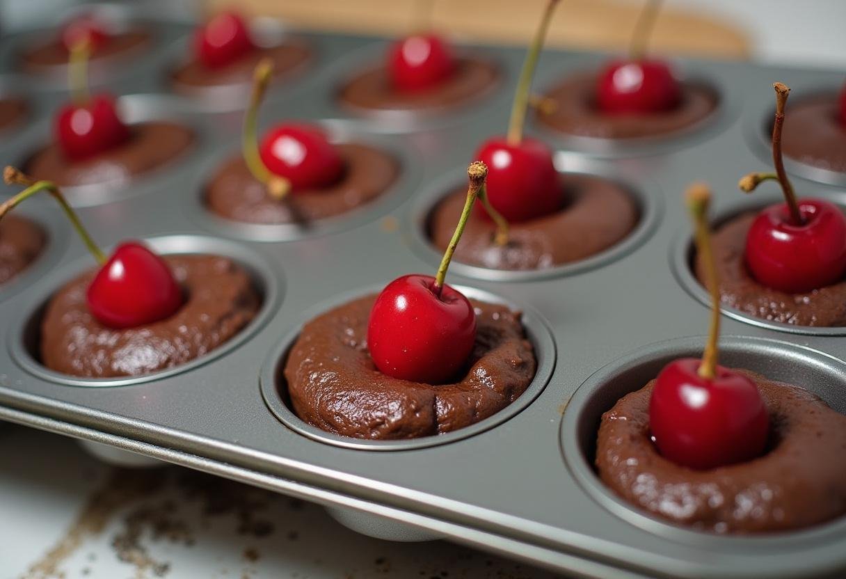 Muffinblech mit schokoladigem Teig und frischen Kirschen für kirsch schoko muffins.