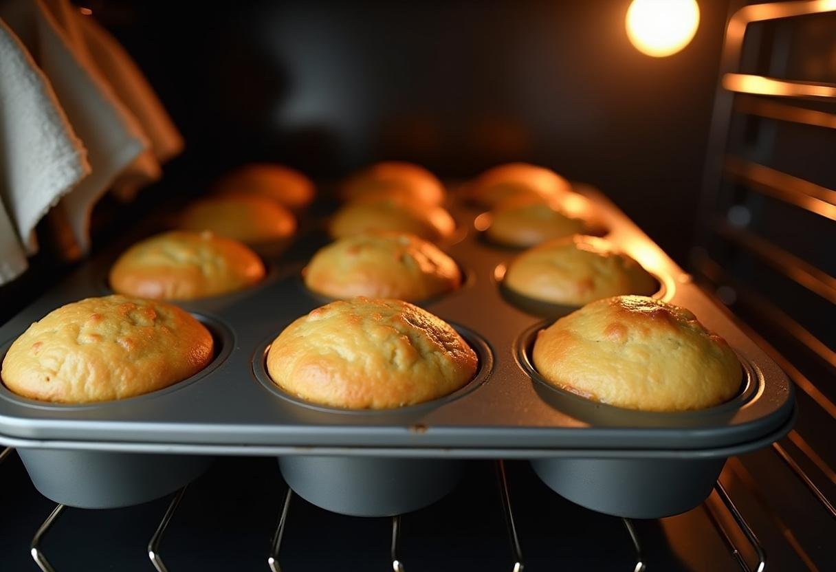 Aus dem Ofen genommenes Muffinblech mit frischen kirsch schoko muffins, perfekt gebacken.