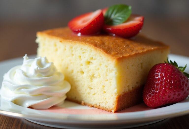 Saftiger kuchen mit joghurt, serviert mit frischen Früchten und Sahne.