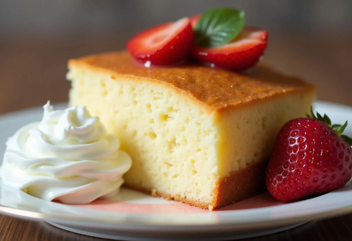 Saftiger kuchen mit joghurt, serviert mit frischen Früchten und Sahne.