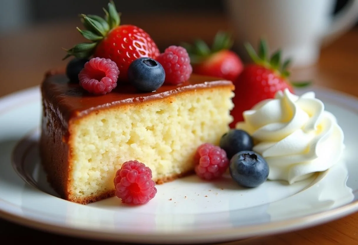 Saftiger kuchen mit joghurt, serviert mit frischen Früchten und Sahne.