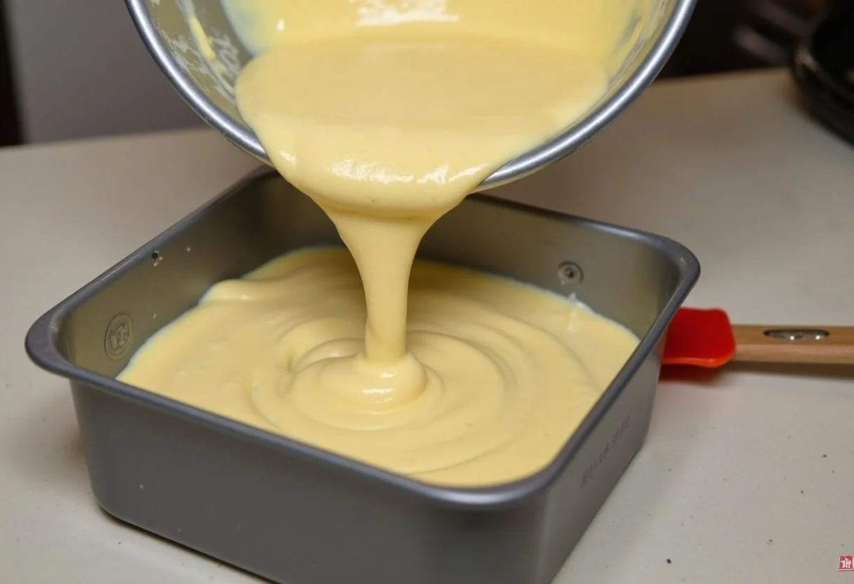 Teig für kuchen mit joghurt wird in eine gefettete Kuchenform gegossen, für kuchen mit joghurt und puddingpulver.