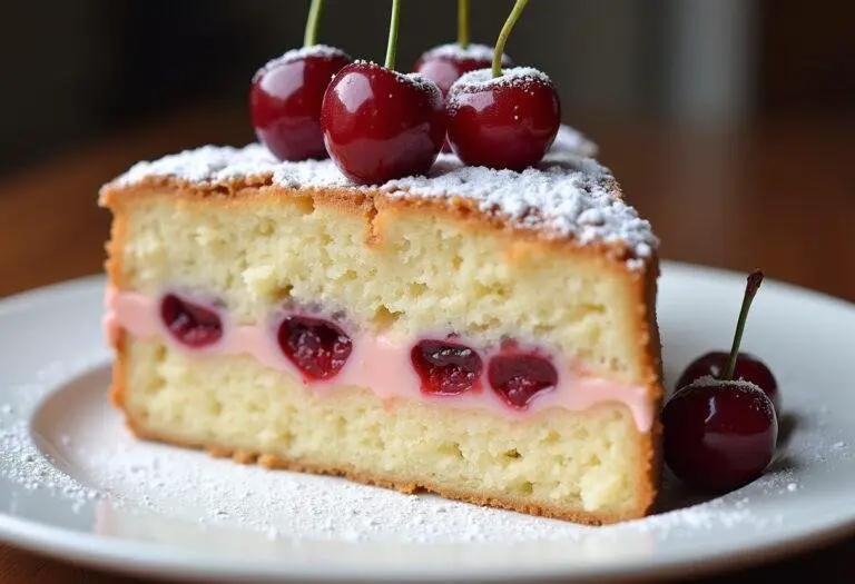 Fertiger saftiger Kuchen mit Puddingfüllung und Kirschen auf dem Teller.