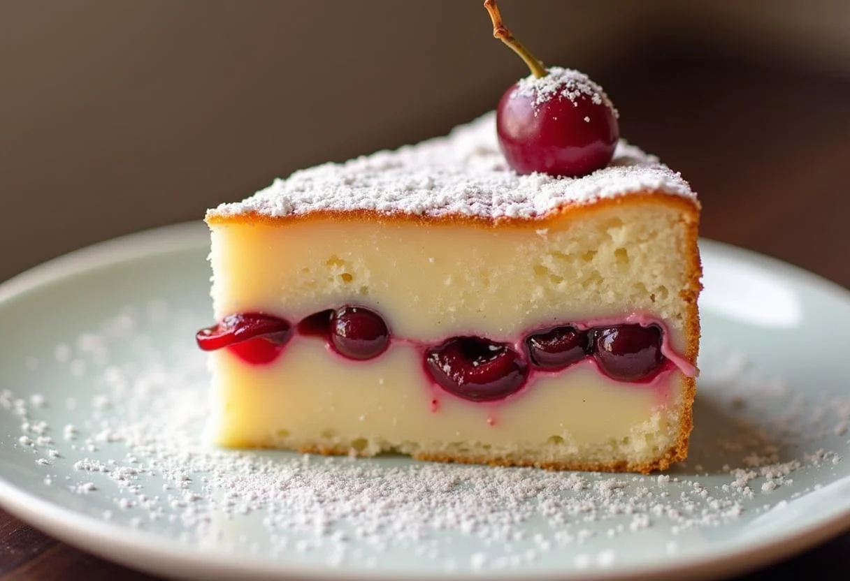 Fertiger saftiger Kuchen mit Puddingfüllung und Kirschen auf dem Teller.