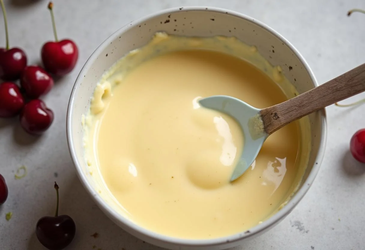 Vanillepudding-Mischung für den saftigen Kuchen mit Kirschen in einer Schüssel.