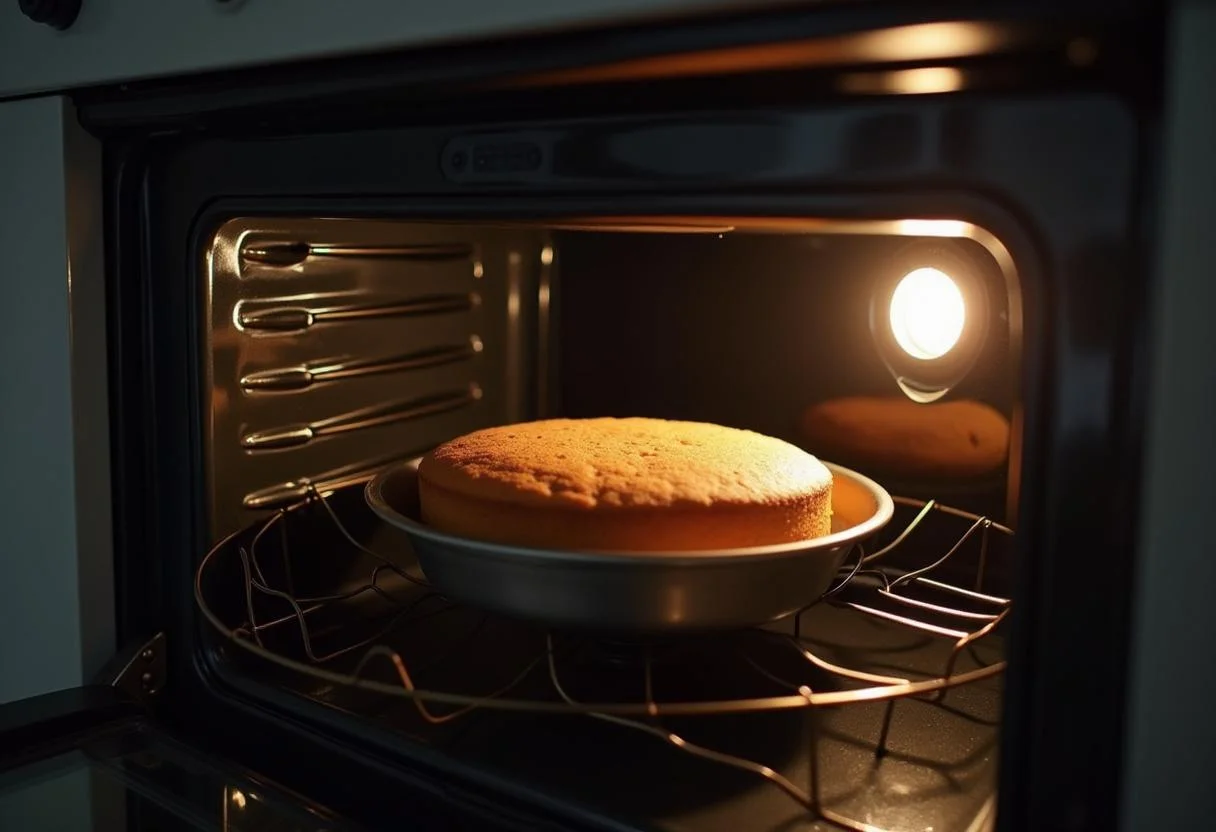 Saftiger Kuchen mit Puddingfüllung Vanille im Ofen beim Backen.