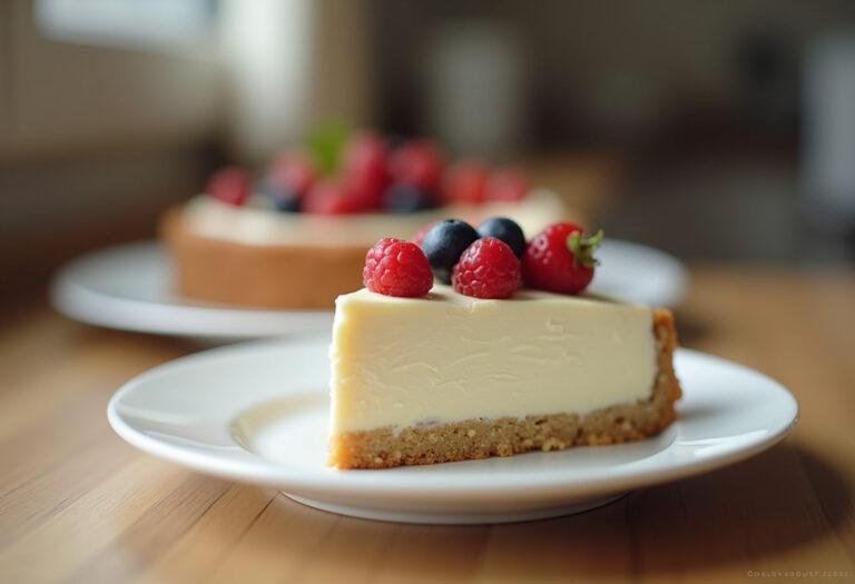 Fertiger kuchen mit weißer schokolade und einer Dekoration aus frischen früchten.