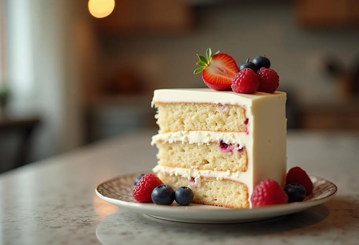 Fertiger kuchen mit weißer schokolade und einer Dekoration aus frischen früchten.