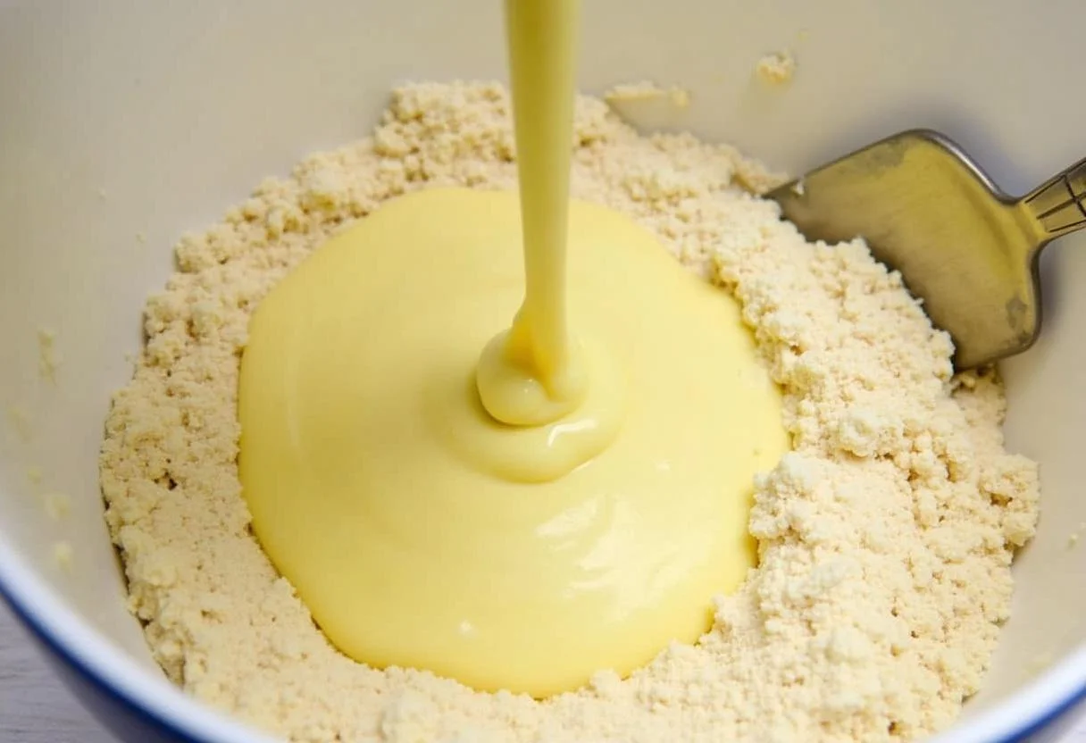 Weißer schokolade wird in den Teig für kuchen aus weißer schokolade gegossen.