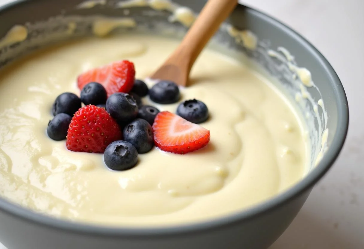 Frische früchte werden in den Teig für kuchen mit weißer schokolade gefaltet.