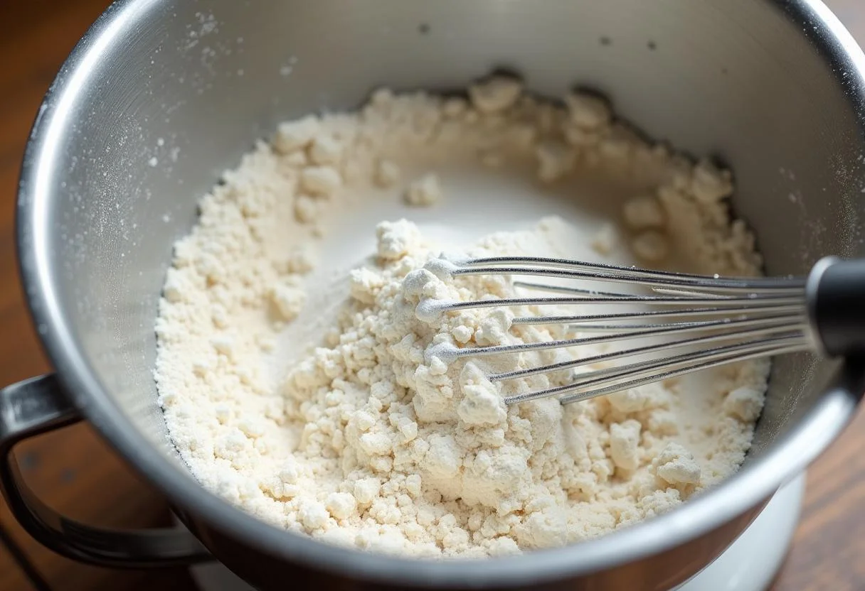 Die Zutaten für den Marzipankuchen vorbereitet in einer Rührschüssel für das Weihnachtsrezept.
