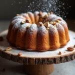Fertiger Saftiger Nusskuchen, perfekt präsentiert mit Puderzucker und Nüssen.