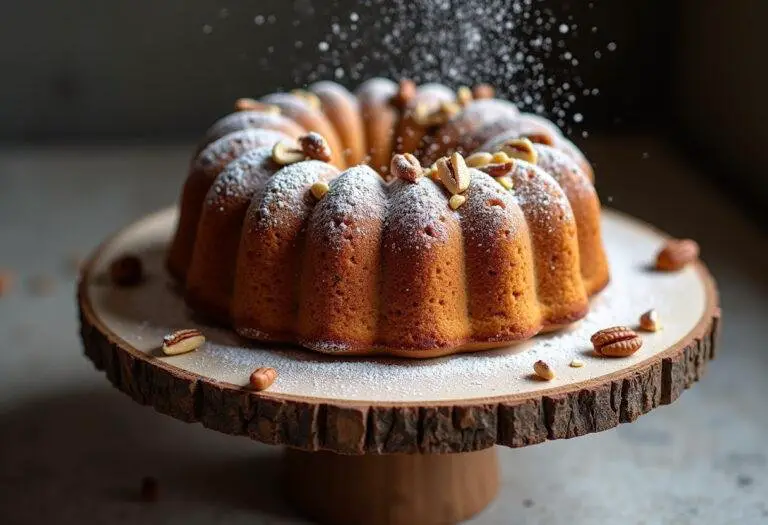 Fertiger Saftiger Nusskuchen, perfekt präsentiert mit Puderzucker und Nüssen.