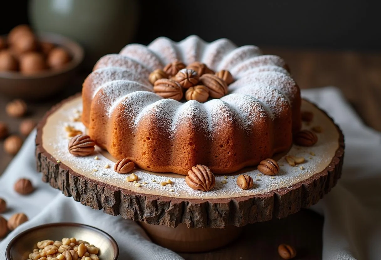 Fertiger Saftiger Nusskuchen, perfekt präsentiert mit Puderzucker und Nüssen.