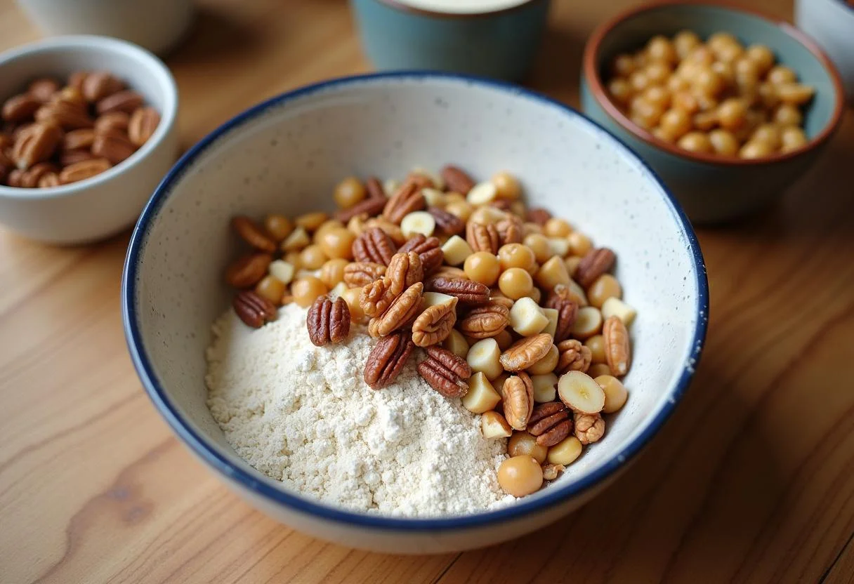 Vorbereitung der Zutaten für den Saftigen Nusskuchen mit Nüssen und Mehl.
