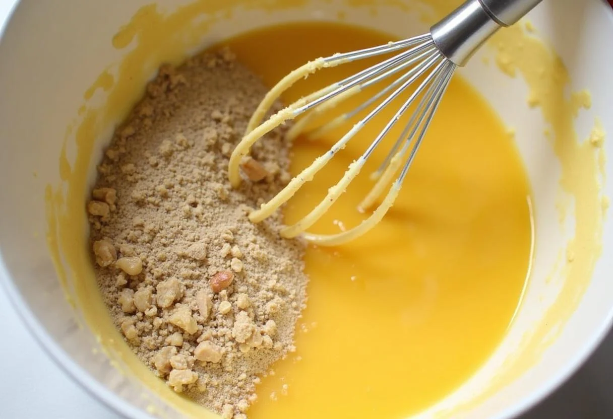 Nüsse und Mehl werden für den Saftigen Nusskuchen in die Eimischung gefaltet.