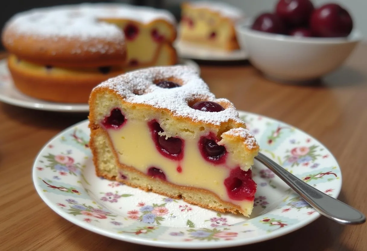 Fertiger Saftiger Pudding Streuselkuchen mit Kirschen, ideal für ein schnelles Dessert.