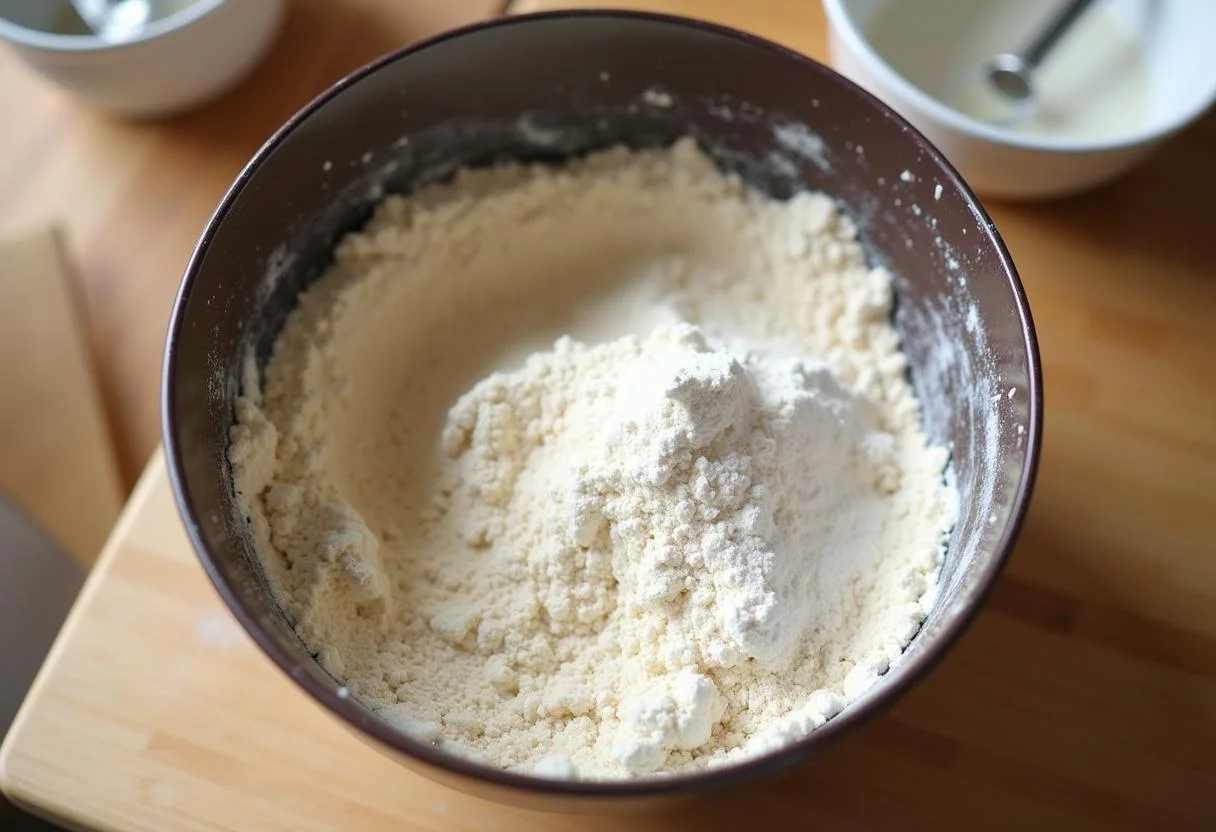 Zutaten für den Pudding Streuselkuchen mit Kirschen auf der Arbeitsfläche bereitgestellt.