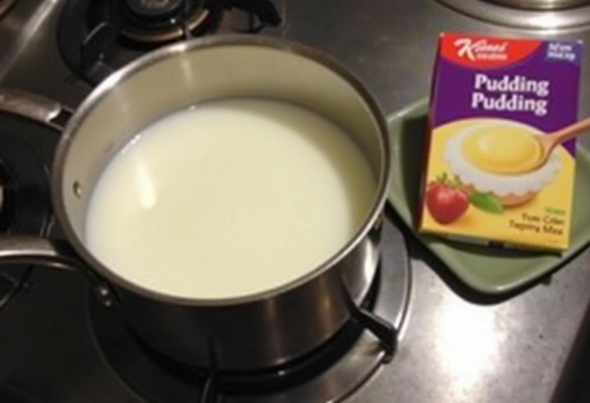 Milch wird erhitzt für die Pudding-Schicht im Kirsch Pudding Streuselkuchen Rezept.