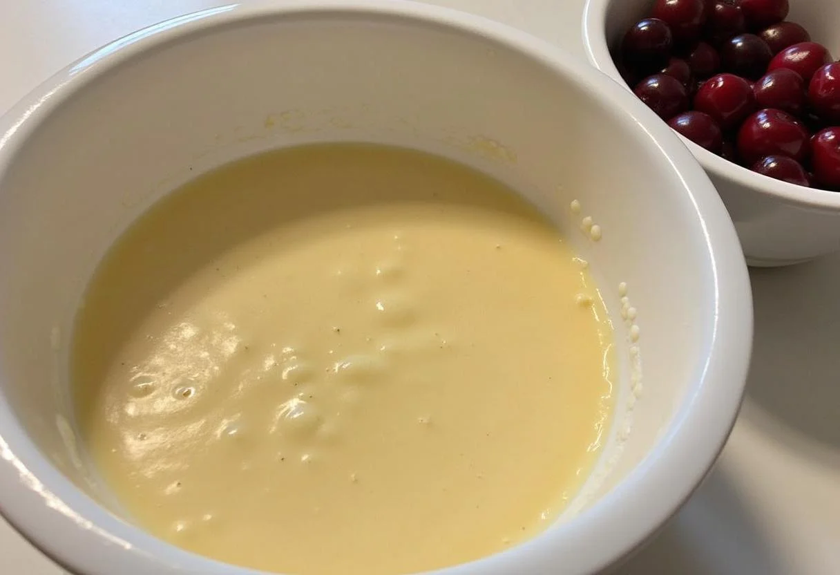 Pudding und Kirschen in einer Schüssel für den Kirsch Pudding Streuselkuchen vorbereitet.