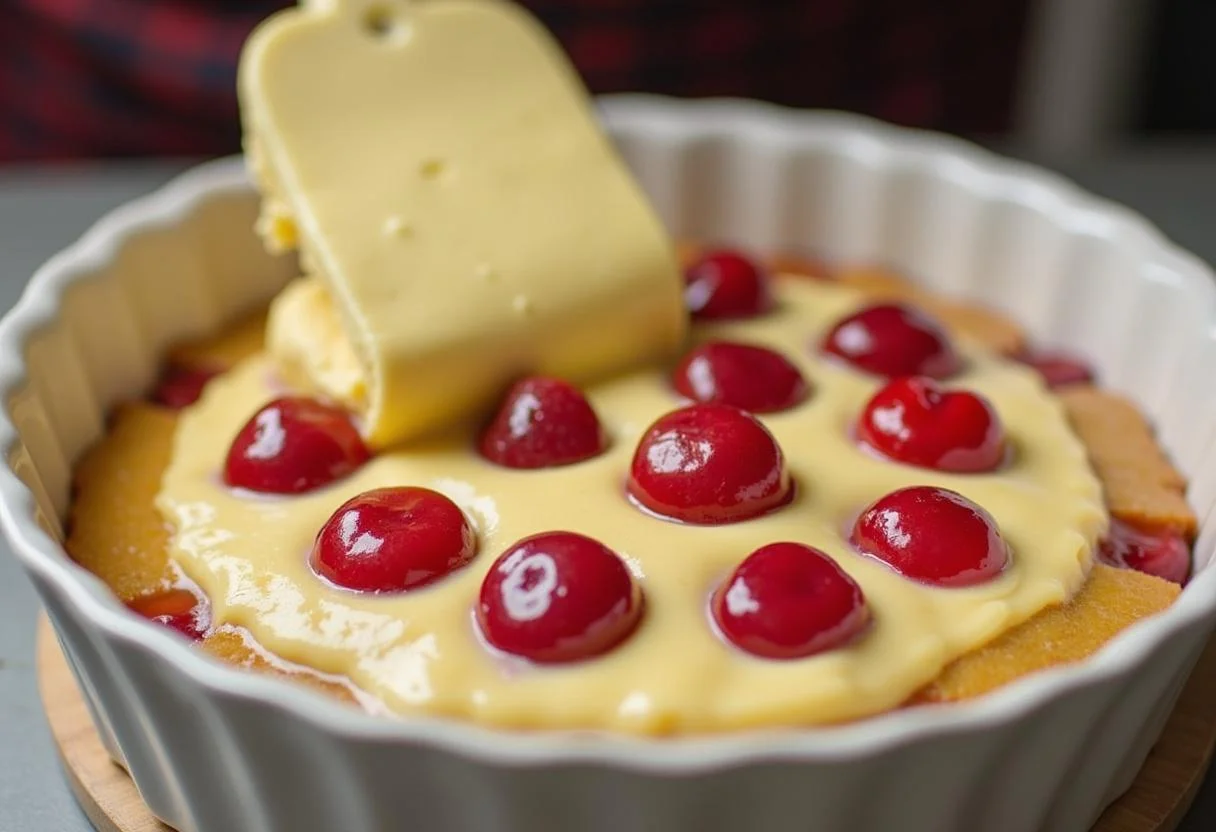 Schichten des Kirsch Pudding Streuselkuchen in einer Backform bereit zum Backen.