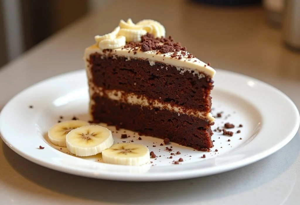 Fertiger bananen schoko kuchen, saftig und lecker serviert.