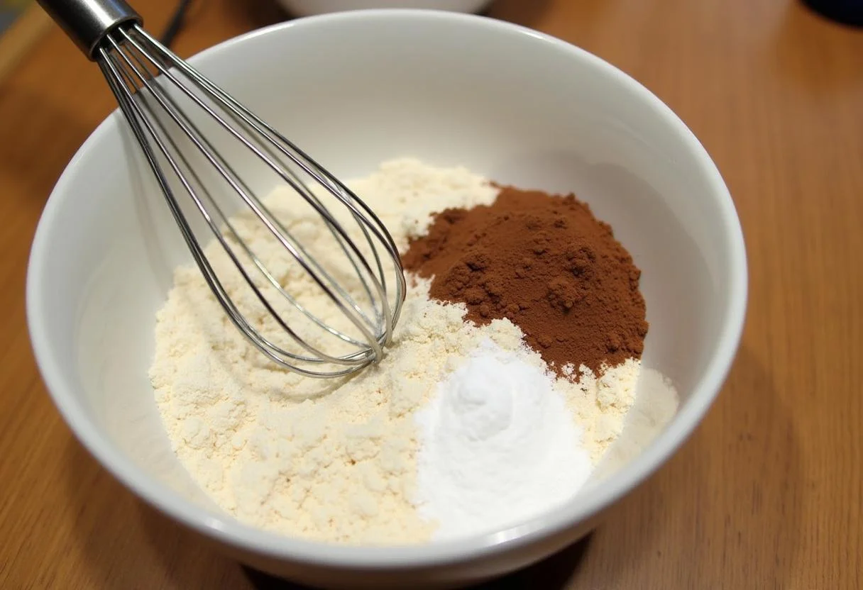 Zutaten für bananen schoko kuchen im Schüssel, einschließlich Mehl und Kakao.