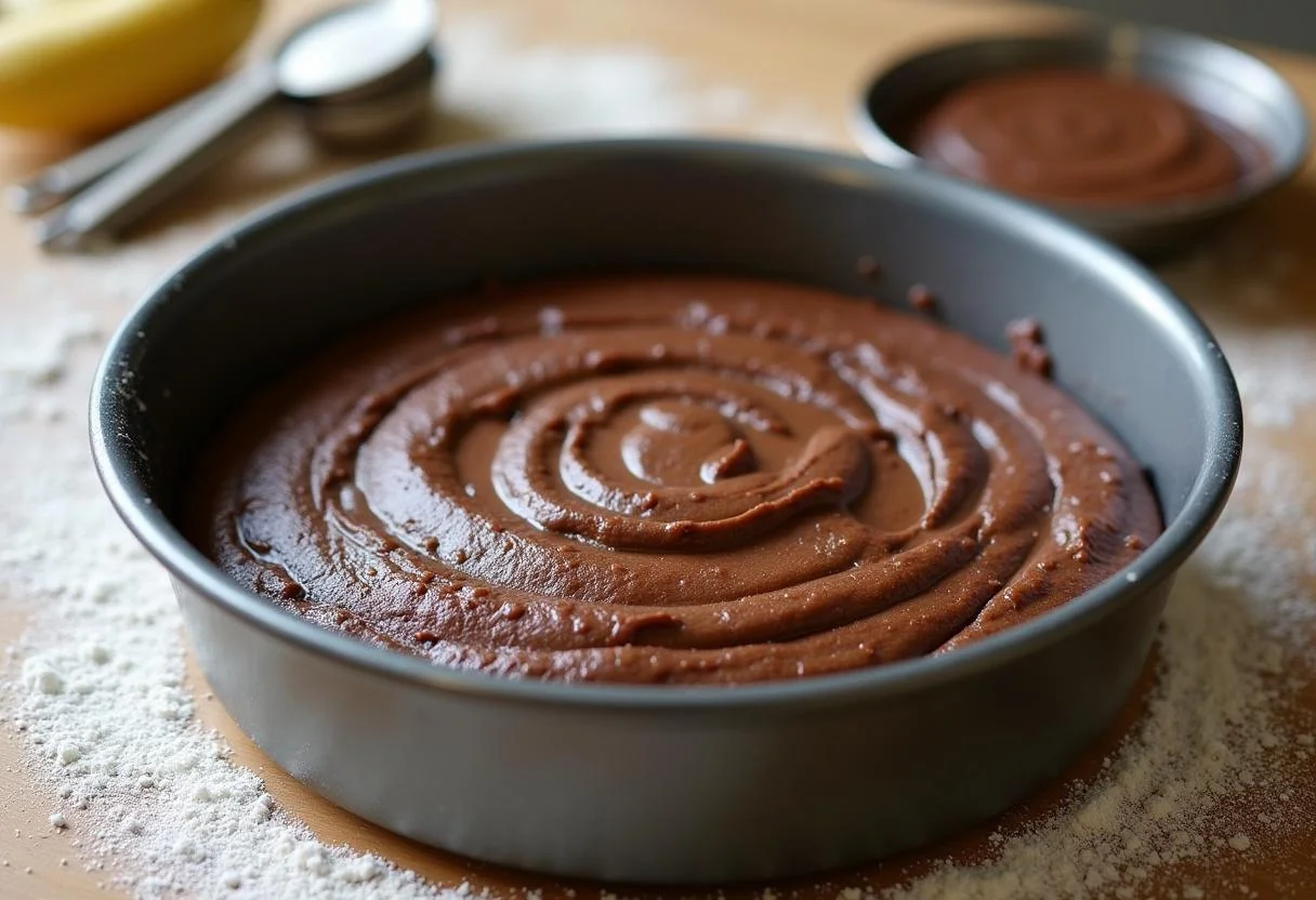 Kastenform mit Teig für bananen schoko kuchen bereit zum Backen.