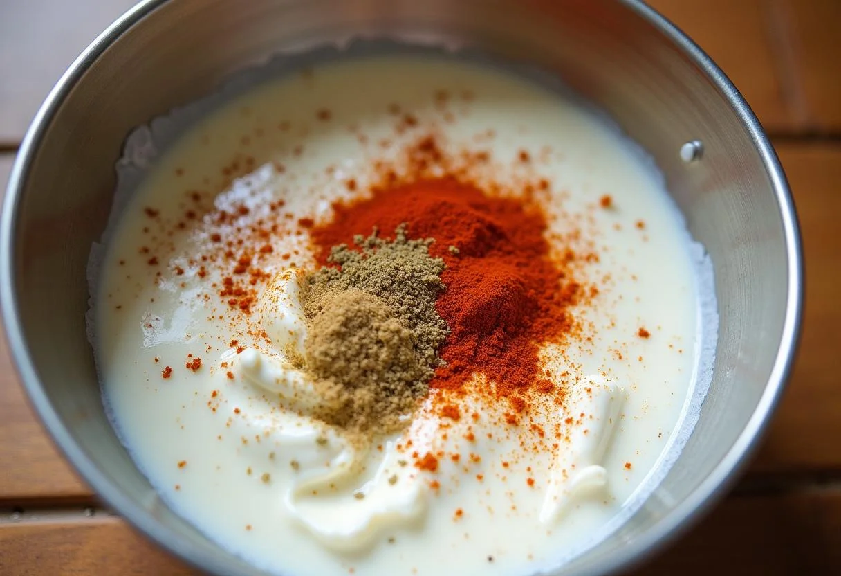 Joghurt Marinade für Hähnchen zubereiten mit Gewürzen in einer Schüssel.
