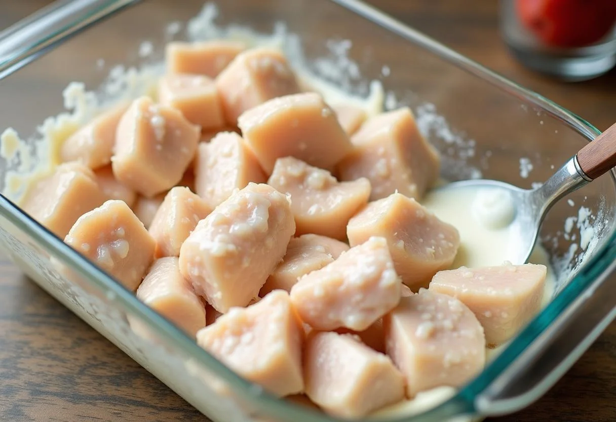 Hähnchenstücke in Joghurt Marinade für das Grillen eingelegt.