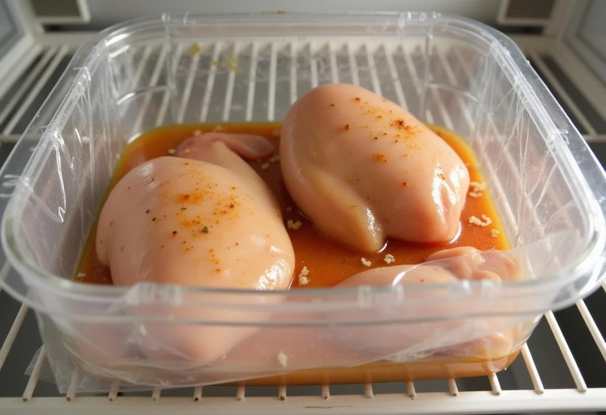 Hähnchen in Joghurt Marinade im Kühlschrank zum Marinieren.