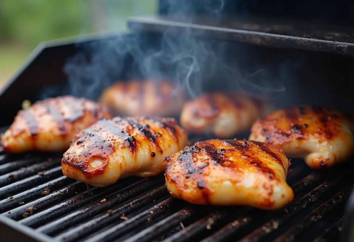 Hähnchen in Joghurt Marinade auf dem Grill zubereitet, mit köstlichen Grillstreifen.