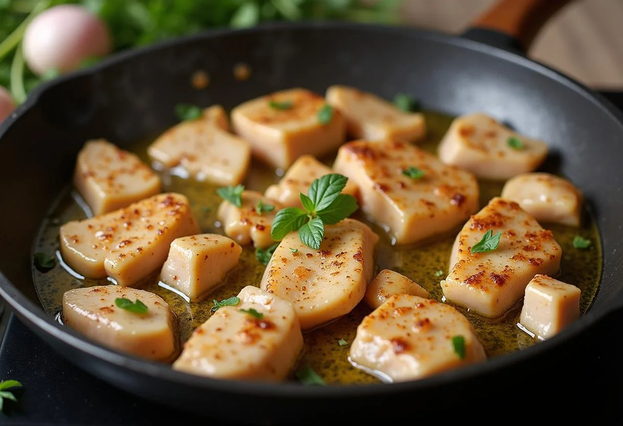 Gewürfelte Hähnchenbrust, die in einer Bratpfanne für saftiges Hähnchen mit Curry Reis angebraten wird.