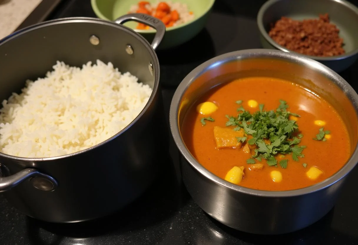 Köchelnde Reis- und Currysoße für das Reis mit Hähnchen und Soße Rezept.