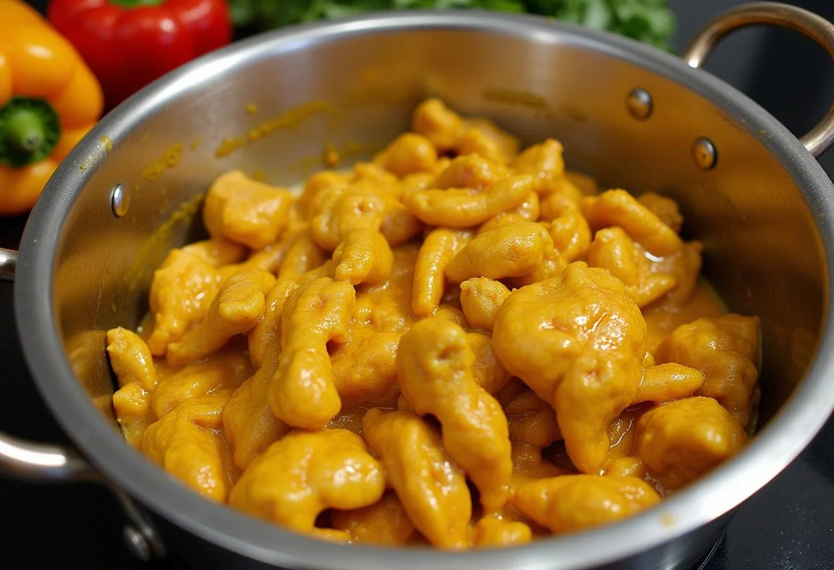 Gekochtes Hähnchen, vermischt mit Currysoße für saftiges Hähnchen mit Curry Reis.