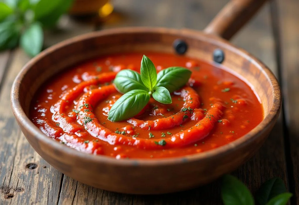 Fertige San Marzano Tomatensoße für Pizza, perfekt präsentiert.
