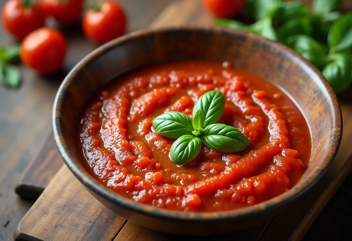 Fertige San Marzano Tomatensoße für Pizza, perfekt präsentiert.