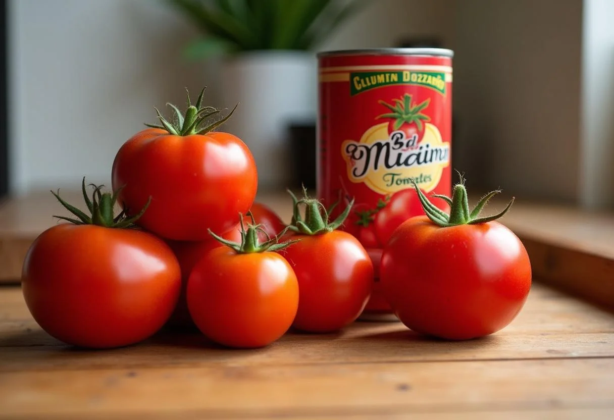 San Marzano Tomaten auf einem Küchentisch für Pizza Soße Kaufen.