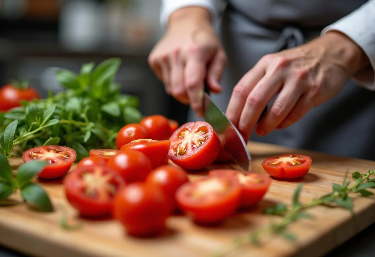 Frische San Marzano Tomaten werden für Pizza Soße zubereitet.