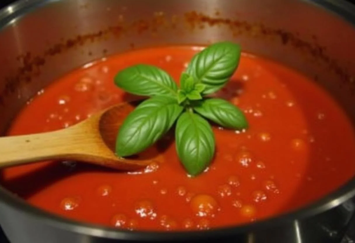 Umrühren der Tomatensauce aus San Marzano Tomaten für Pizza Soße.