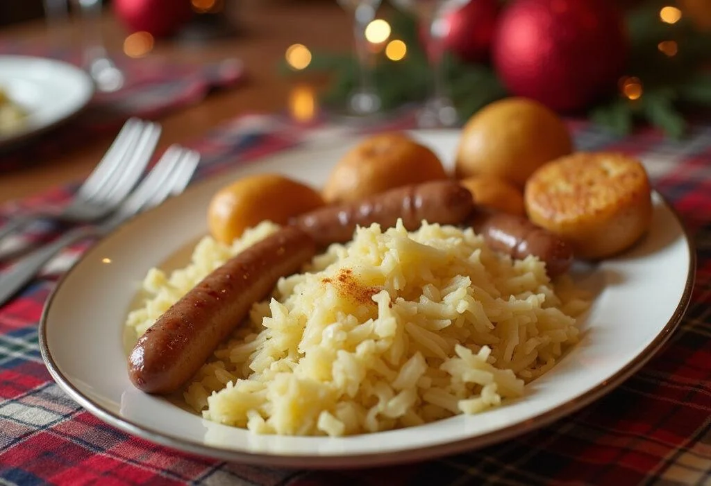 Fertiges Sauerkraut aus der Dose serviert mit Würstchen und Kartoffeln für ein leckeres Abendessen.