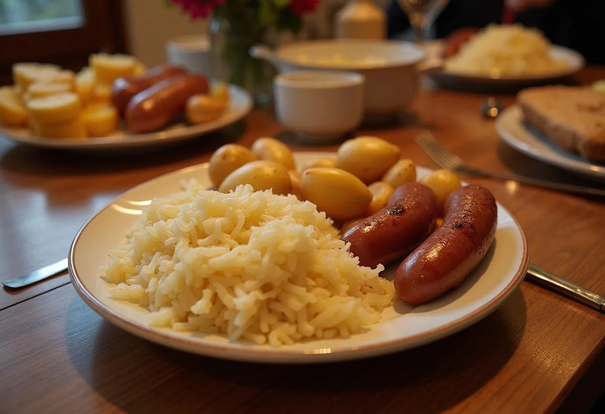 Fertiges Sauerkraut aus der Dose serviert mit Würstchen und Kartoffeln für ein leckeres Abendessen.