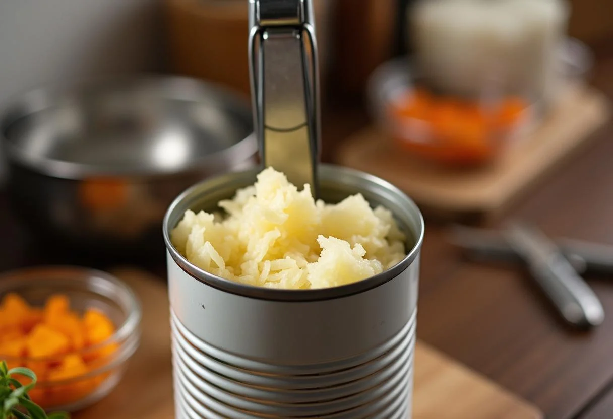 Öffnen einer Dose für das Rezept von Sauerkraut aus der Dose.