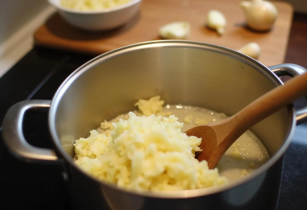 Zubereitung von Sauerkraut aus der Dose mit Zwiebeln und Knoblauch im Hintergrund.