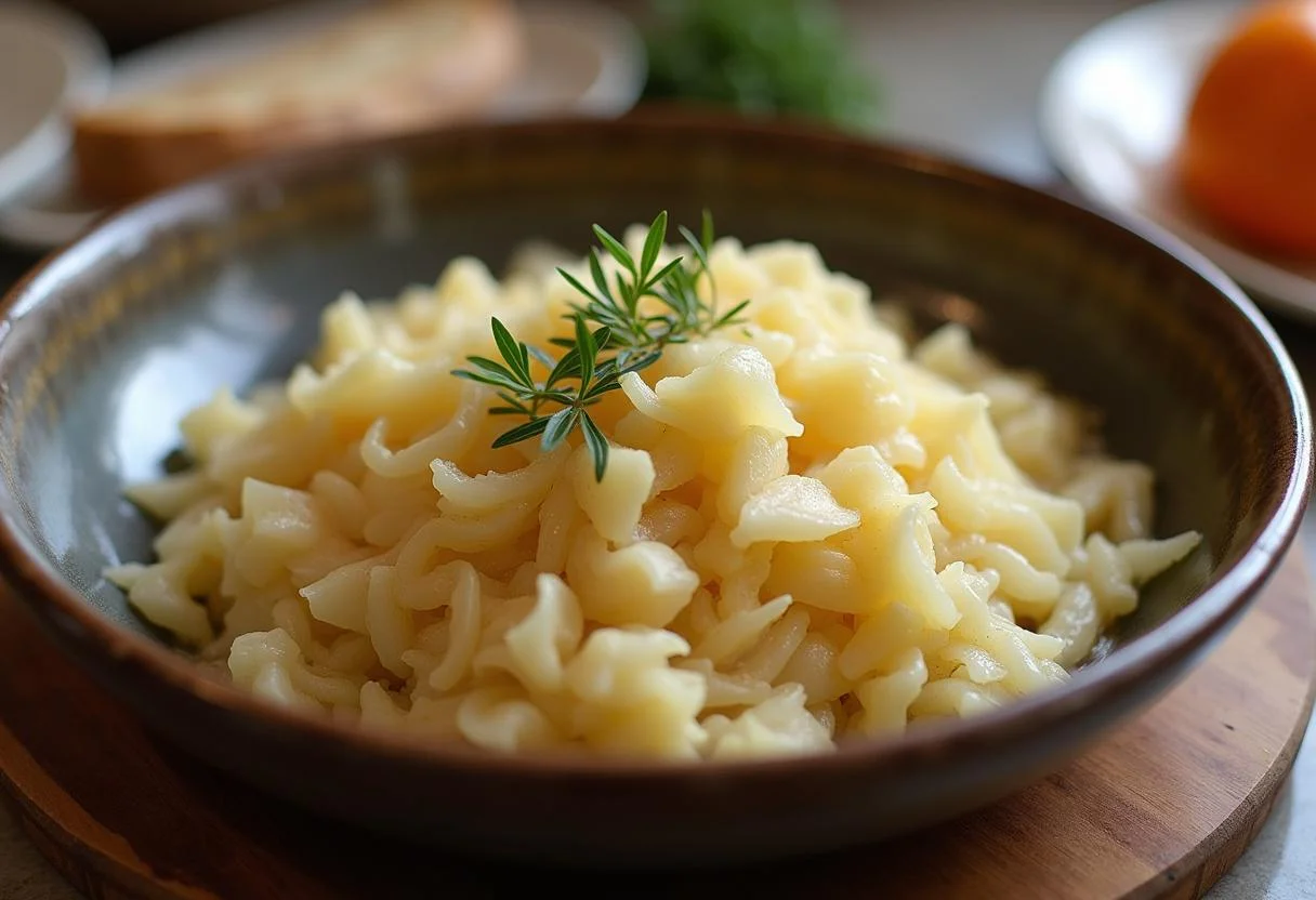 Delikates Rezept für die Zubereitung von Sauerkraut aus der Dose in einer Schüssel serviert.