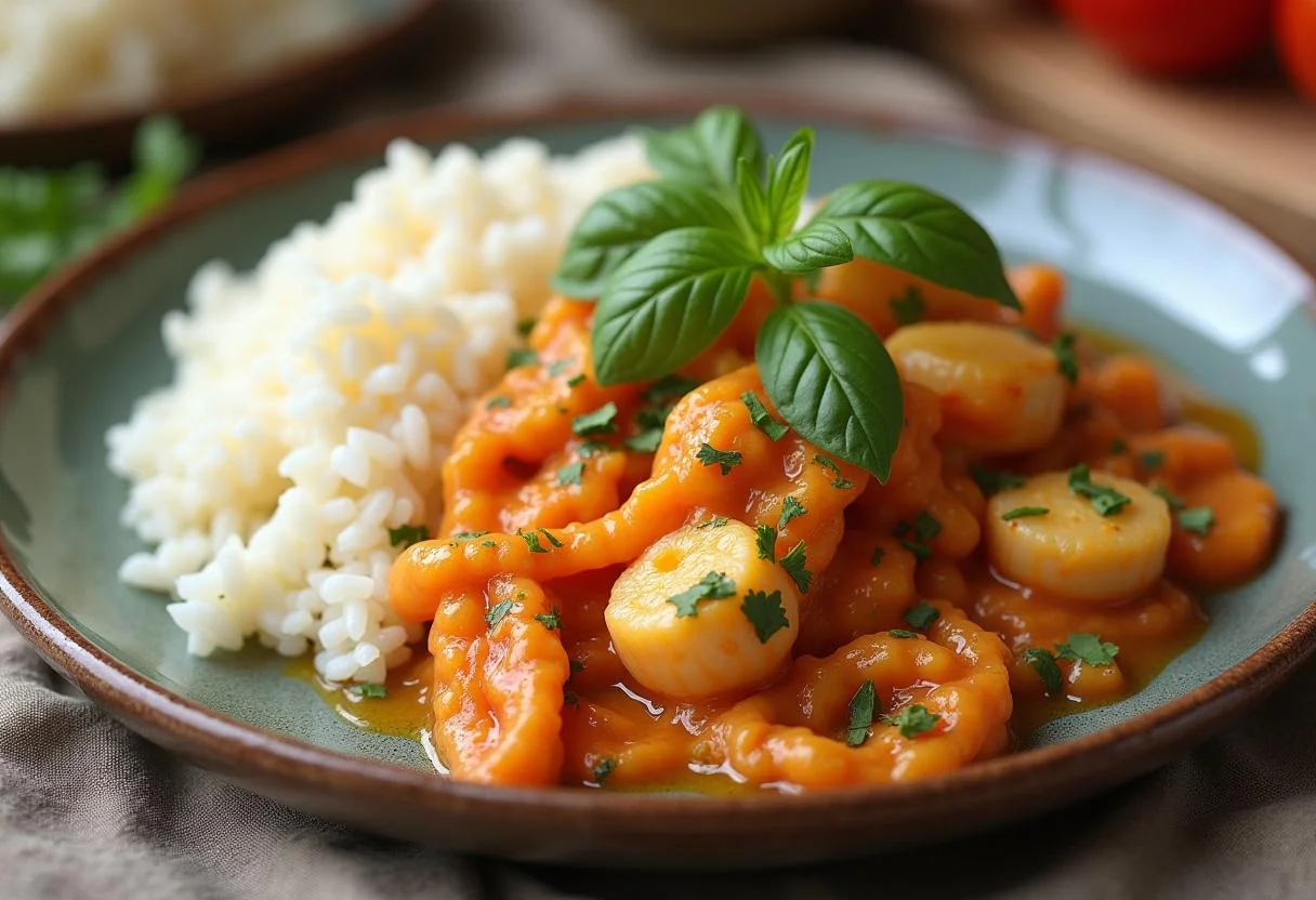 Finished schnelles hähnchen pfanne with vegetables and rice, perfect for a quick meal.