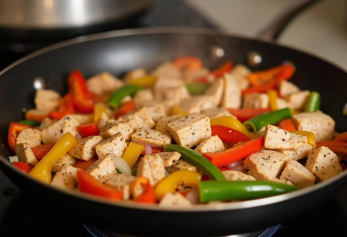 Diced chicken breast and vegetables in a skillet for making hähnchen pfanne.