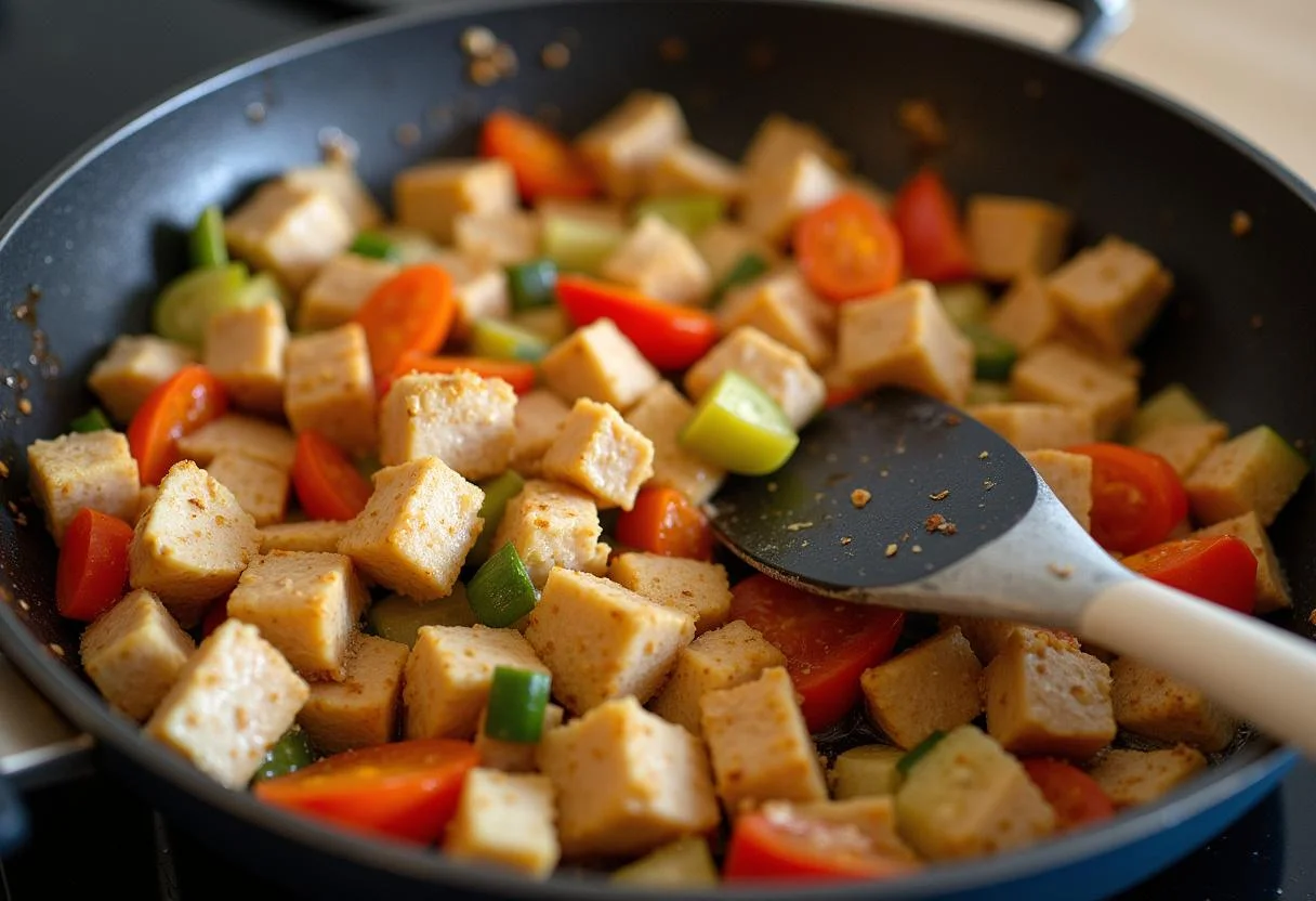 Cooking chicken and vegetables in a skillet for schnelles hähnchen pfanne.