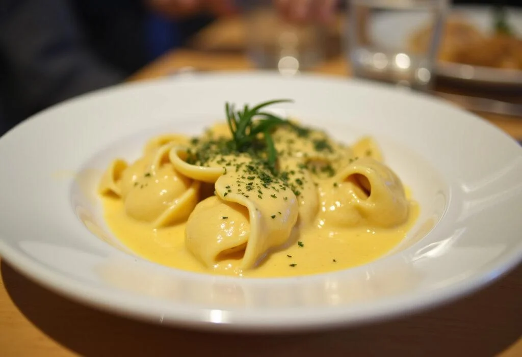 Fertige Tortellini mit Käse Sahne Soße, dekoriert mit Kräutern auf einem festlichen Esstisch.