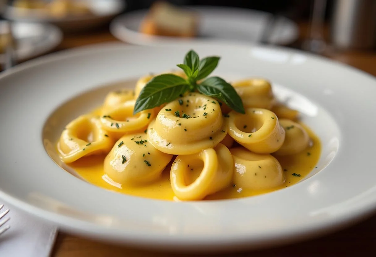 Fertige Tortellini mit Käse Sahne Soße, dekoriert mit Kräutern auf einem festlichen Esstisch.